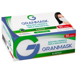 Mascara Cirurgica Tripla c/ Clip Nasal e Elastico Caixa c/ 50 Preta Granmask